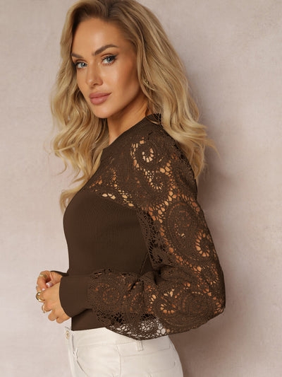 Good Feelings Paisley Lace Sleeve Top - Brown