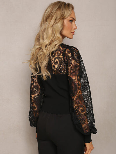 Good Feelings Paisley Lace Sleeve Top - black