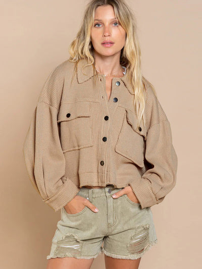 Fall In Waffle Pocketed Shacket - Khaki