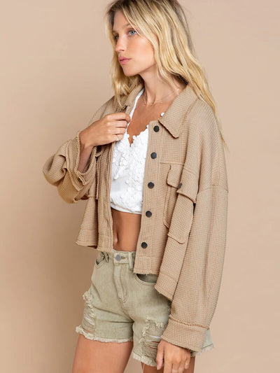 Fall In Waffle Pocketed Shacket - Khaki