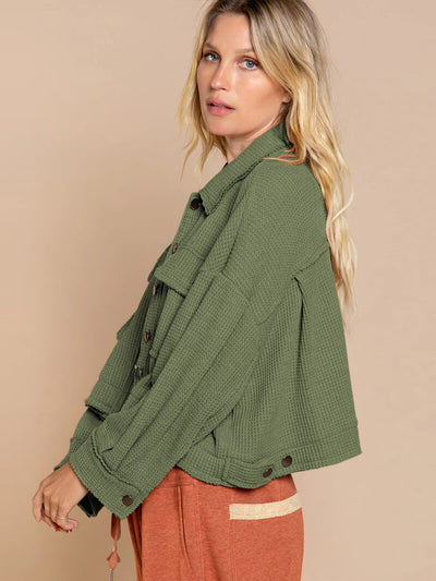 Fall In Waffle Pocketed Shacket - Green