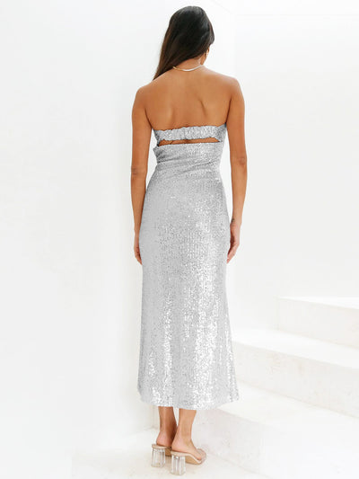 My Moment Sequin Strapless Maxi Dress - Silver