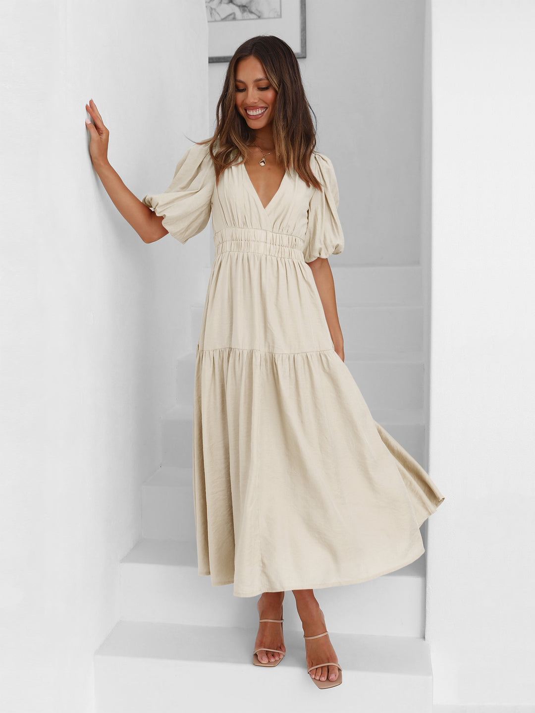 【Malbon Golf】Square Quilted Down Dress Beige Beige Movement Mock Maxi Dress
