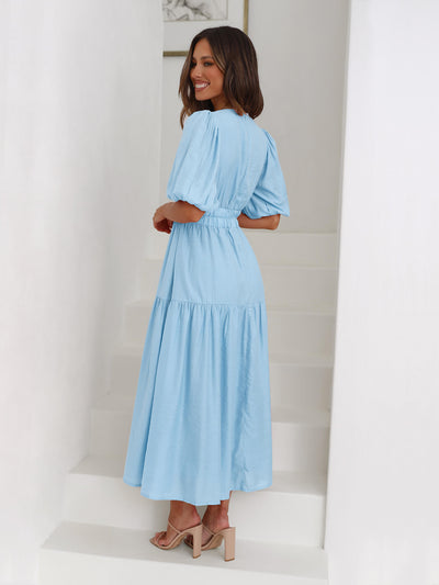 Kimona Smocked Short Sleeve Maxi Dress - Blue