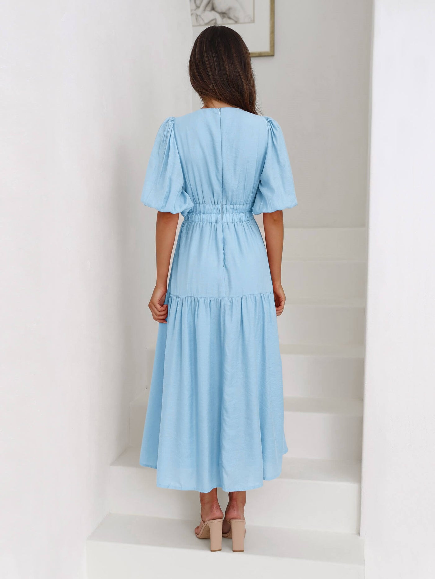 Kimona Smocked Short Sleeve Maxi Dress - Blue