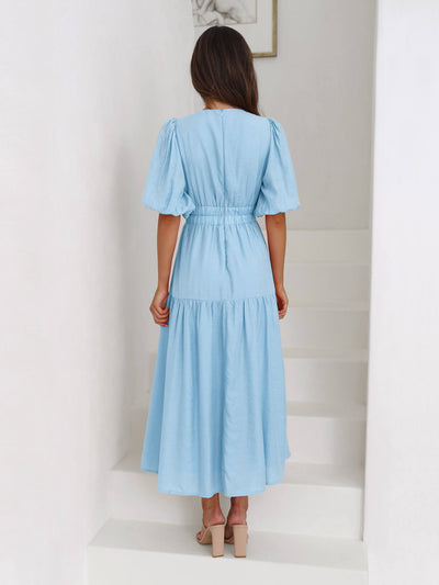 Kimona Smocked Short Sleeve Maxi Dress - Blue