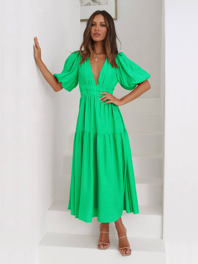 Kimona Smocked Short Sleeve Maxi Dress - Green