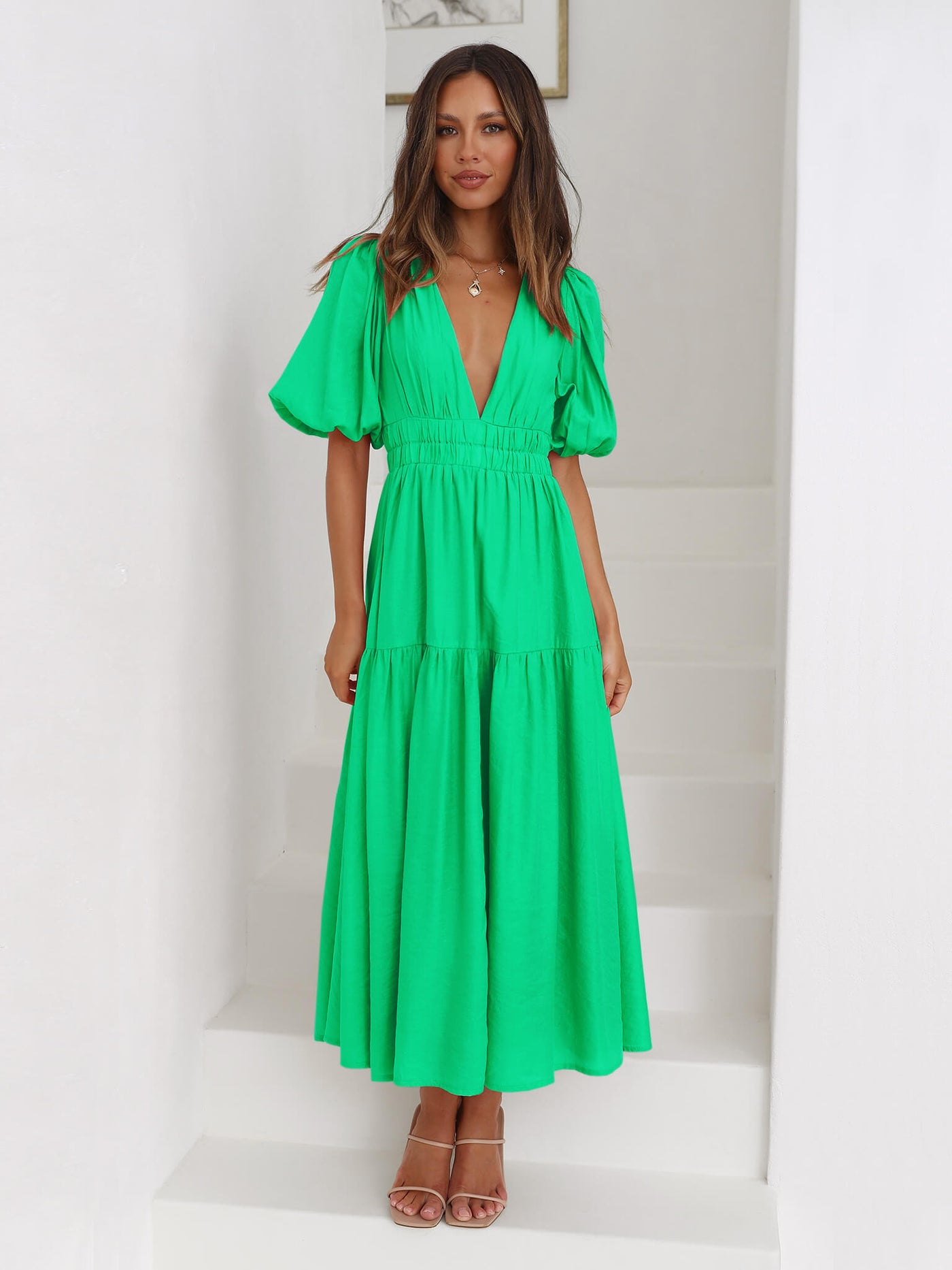 Kimona Smocked Short Sleeve Maxi Dress - Green