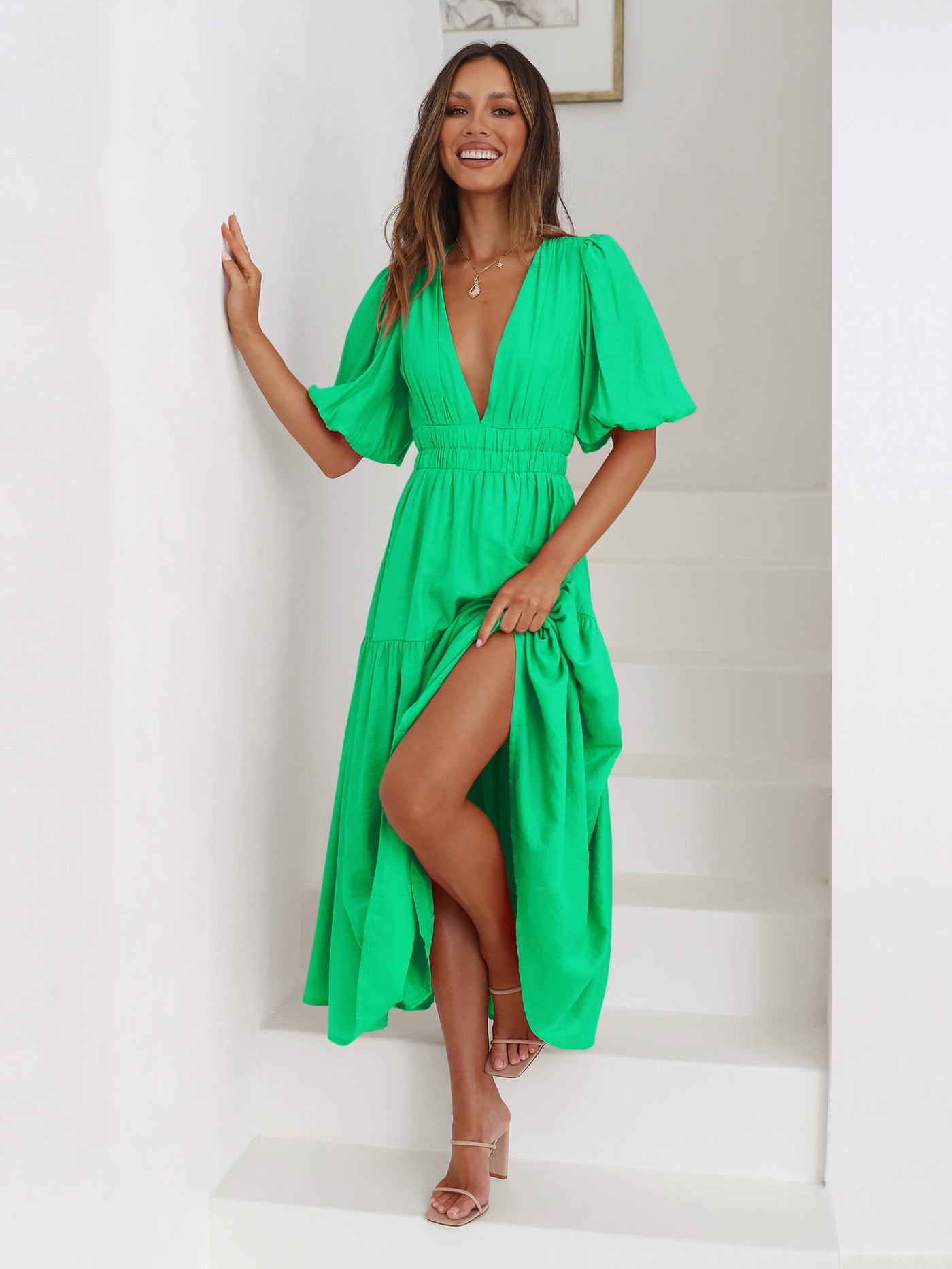 Kimona Smocked Short Sleeve Maxi Dress - Green