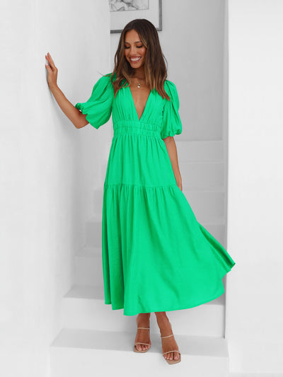 Kimona Smocked Short Sleeve Maxi Dress - Green