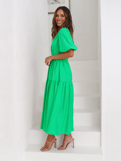 Kimona Smocked Short Sleeve Maxi Dress - Green