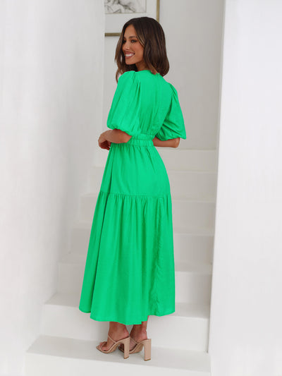 Kimona Smocked Short Sleeve Maxi Dress - Green