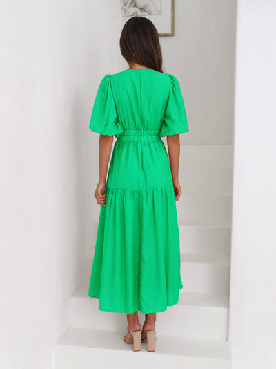 Kimona Smocked Short Sleeve Maxi Dress - Green