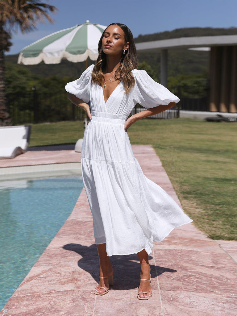 white maxi dress with short sleeves Kimona Smocked Sleeve sequin-bodice Crafted from lightweight synthetic Saylor Dress | Modest Color:Blue Plaid