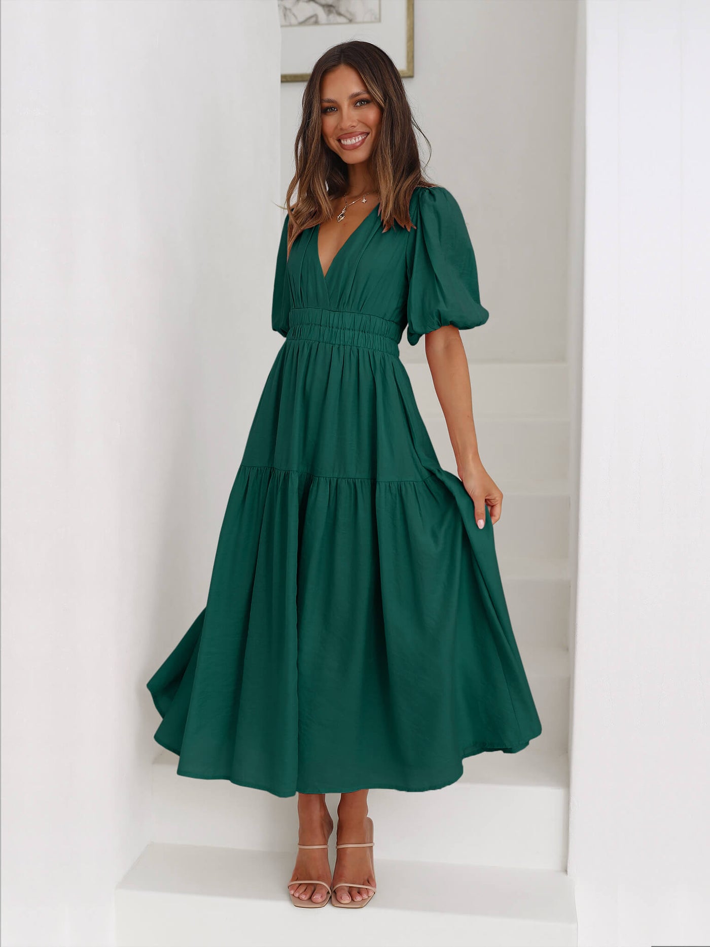 Kimona Smocked Short Sleeve Maxi Dress - Emerald