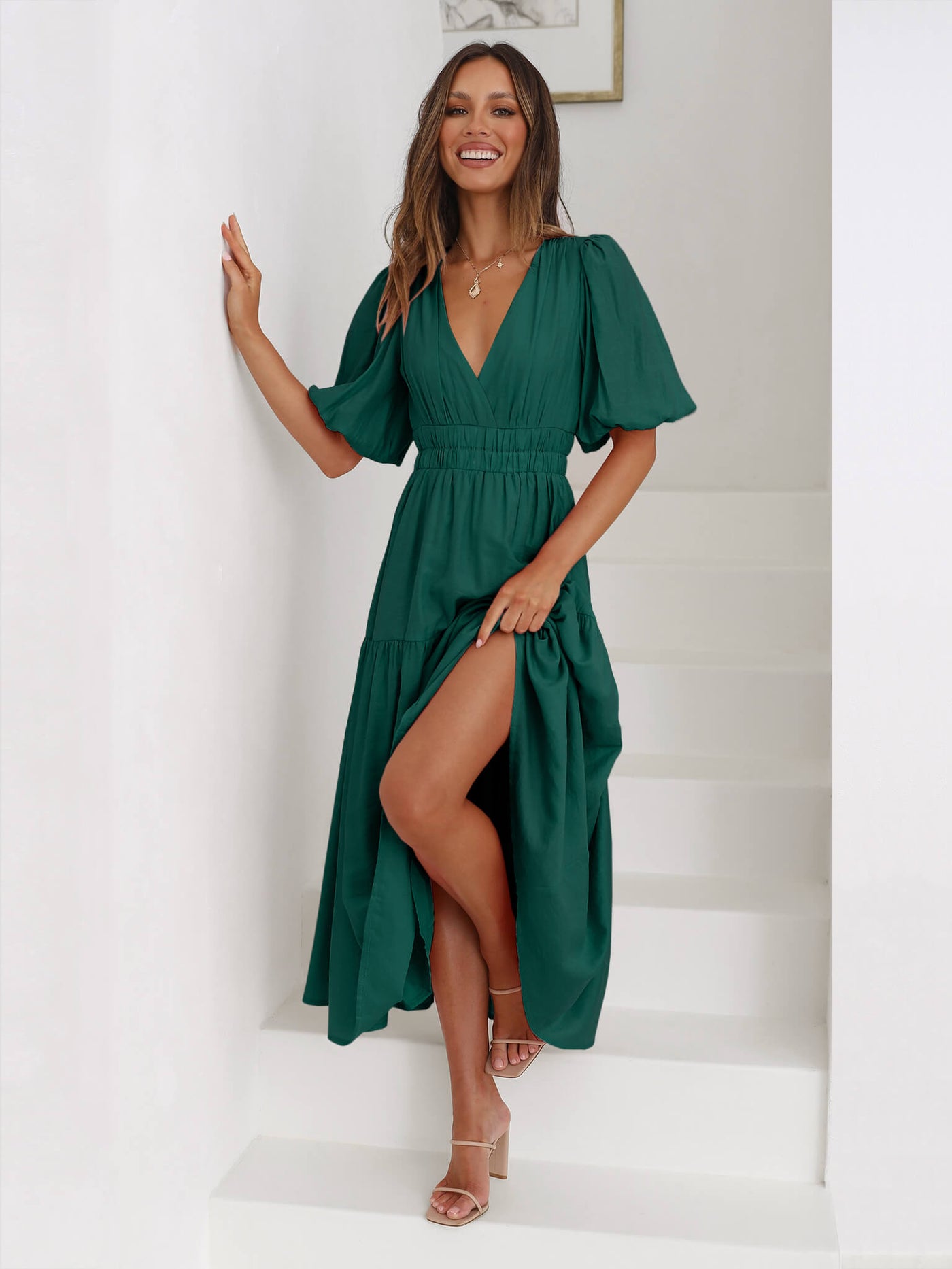 Kimona Smocked Short Sleeve Maxi Dress - Emerald