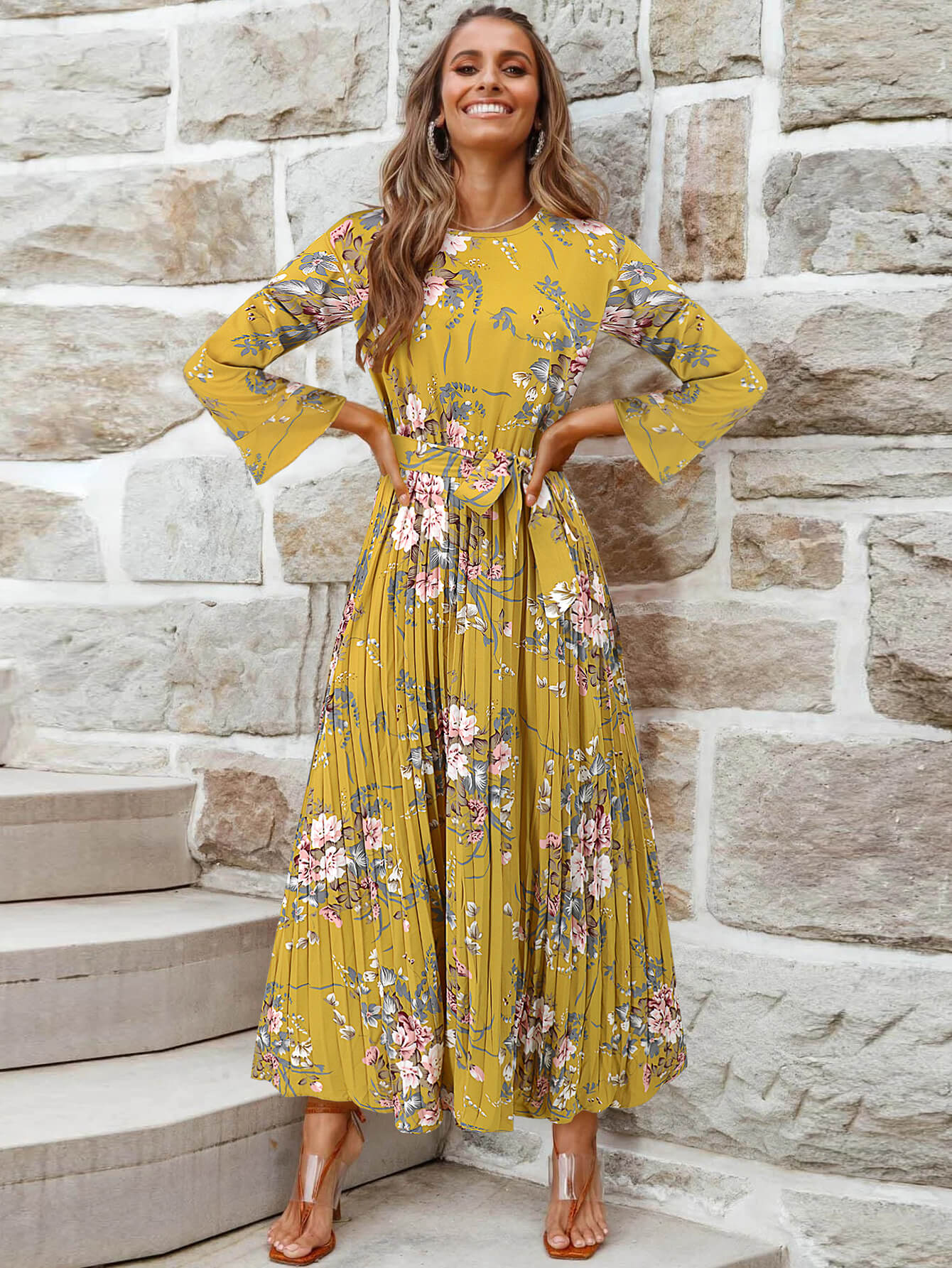 Garden Romance Floral Plisse Maxi Dress - yellow