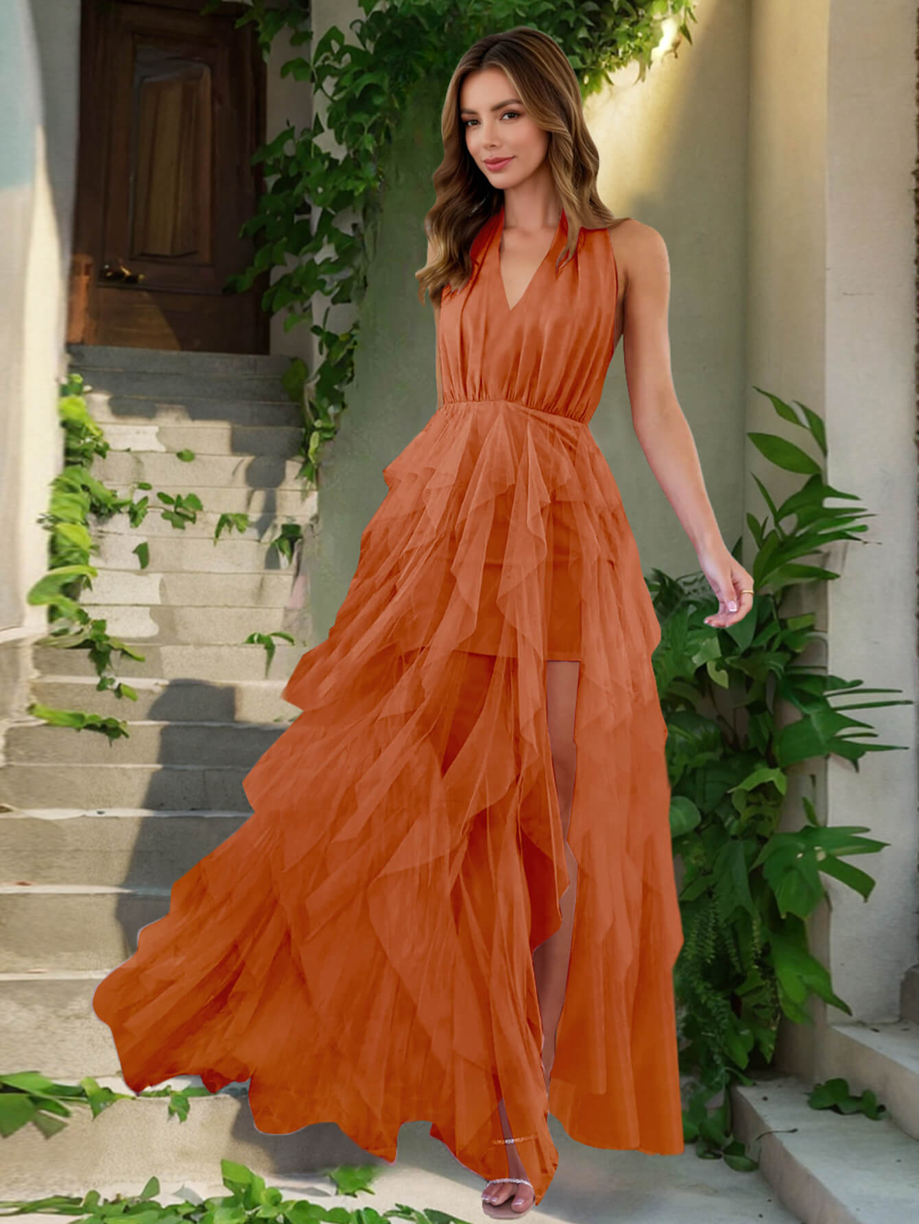 Soleil Mesh Ruffle Halter Maxi Dress - orange