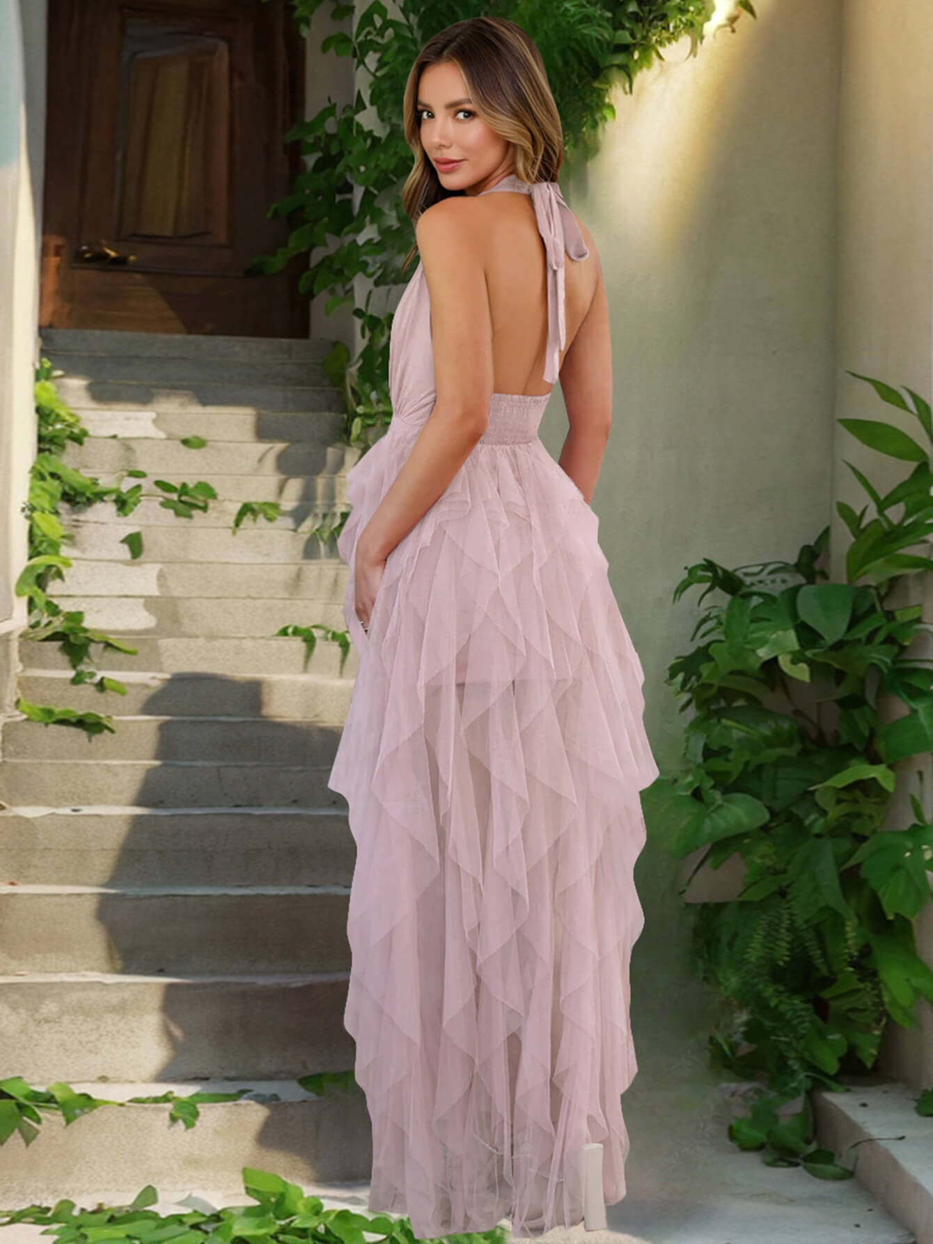 Soleil Mesh Ruffle Halter Maxi Dress - pink