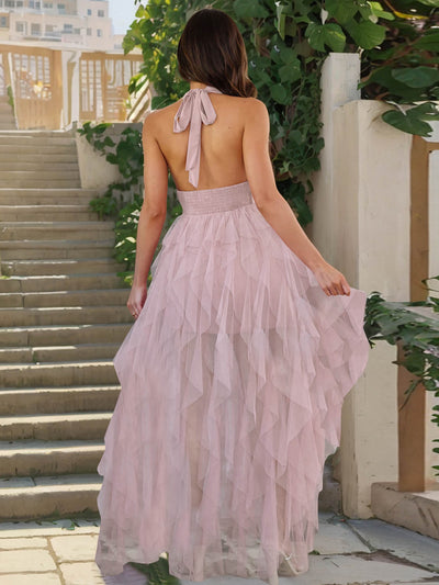 Soleil Mesh Ruffle Halter Maxi Dress - pink