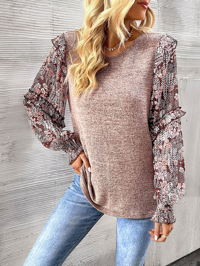 Hairos Floral Contrast Blouse Sweater - Beige