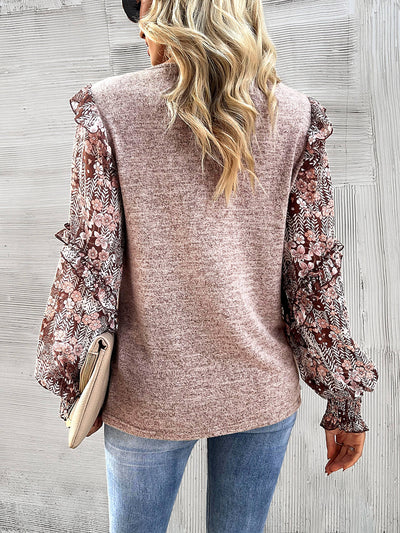 Hairos Floral Contrast Blouse Sweater - Beige