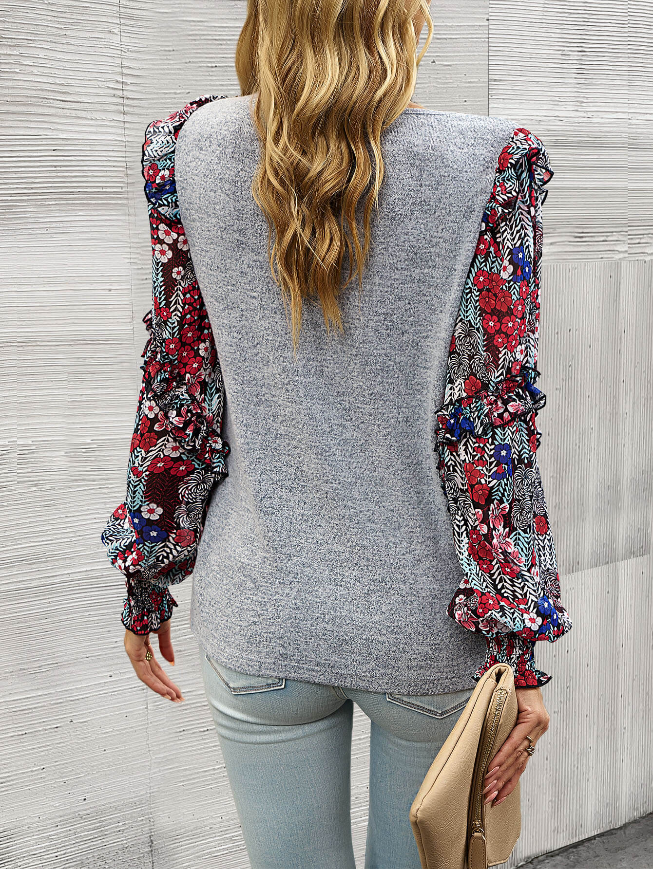 Hairos Floral Contrast Blouse Sweater - Grey