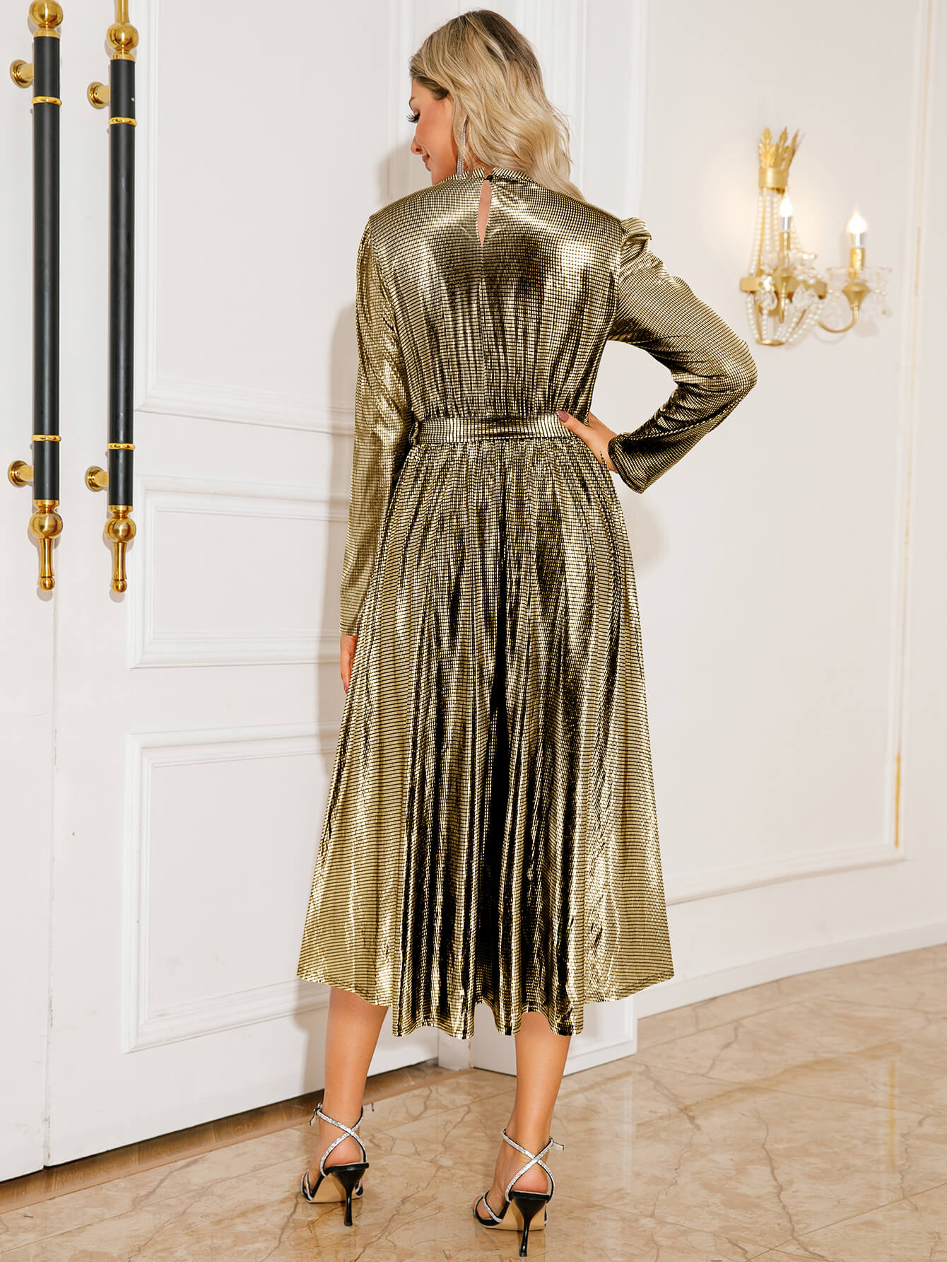 Madilyn Long Sleeve Glitter Midi Dress - gold