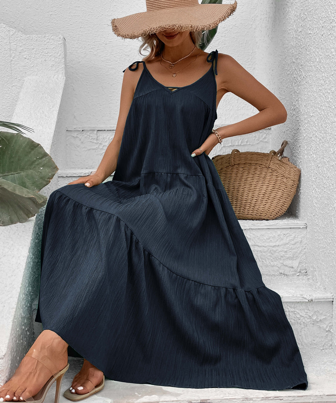 navy blue flowy dress Shayna Tiered Maxi Color:Rose Multi adhesive bra closet_106791 Skyraze Women's Elegant Light