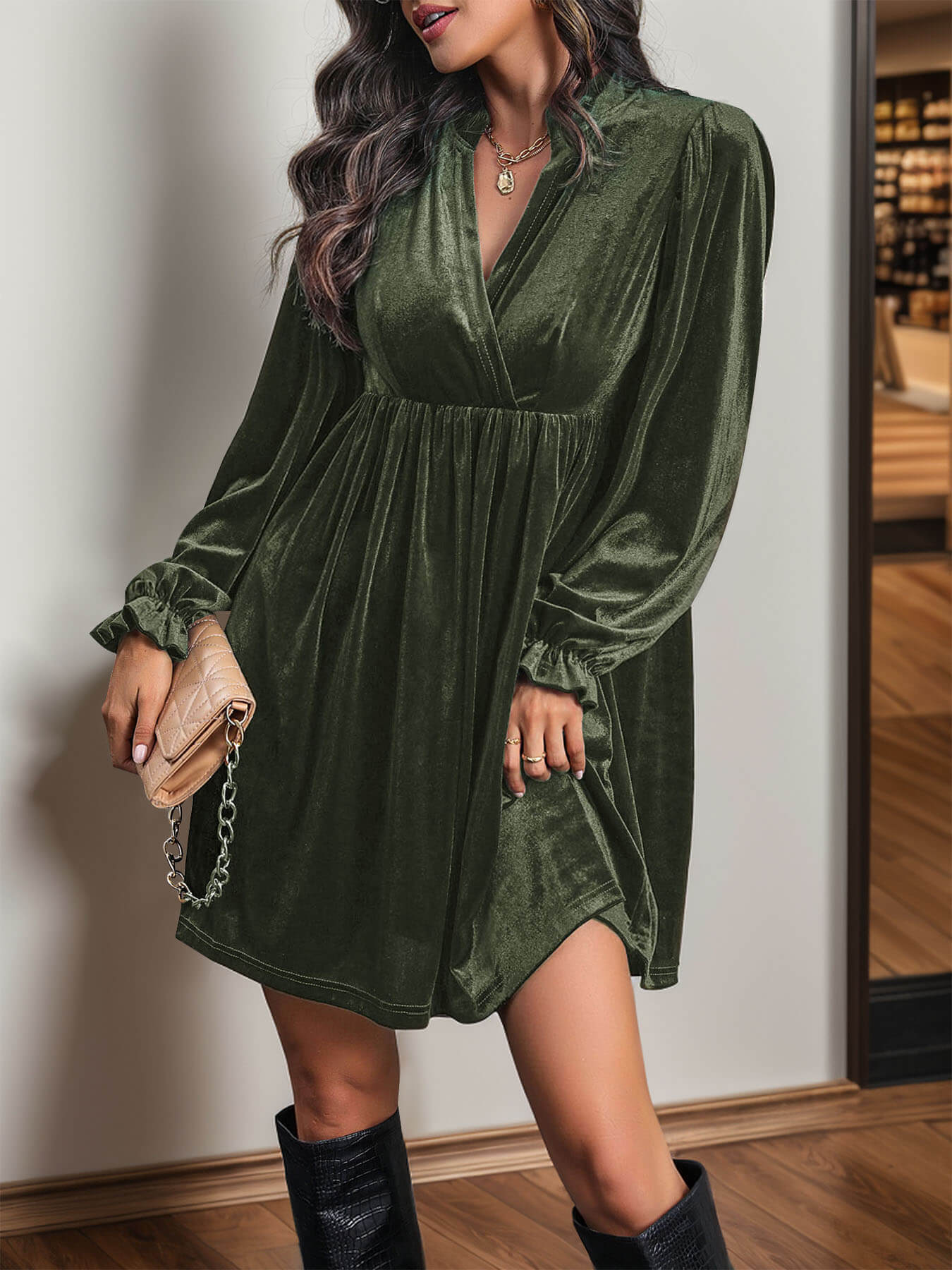 Dance All Night Velvet Mini Dress - Olive