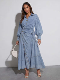 denim maxi dresses Luzie Waist Tie Denim Maxi Dress