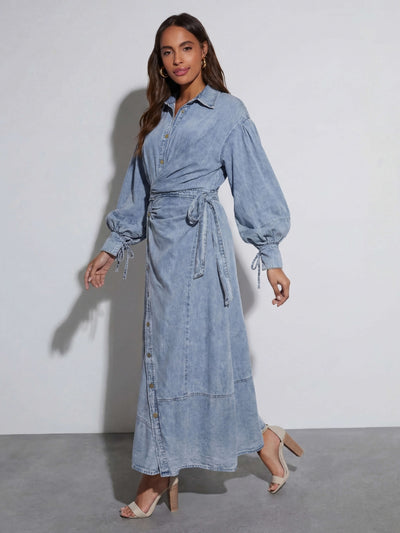 Luzie Waist Tie Denim Maxi Dress