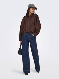 Fall Mornings Suede Gather Hem Bomber Jacket - chocolate