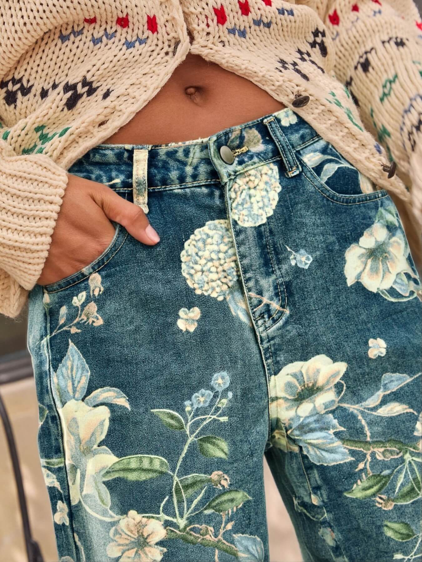 Avina Mid Rise Floral Stretch Flare Jeans