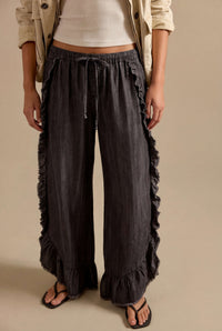 Andreina Rigid Wide Leg Ruffle Trim Drawstring Denim Pants - black
