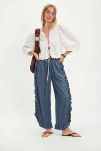 Andreina Rigid Wide Leg Ruffle Trim Drawstring Denim Pants - blue