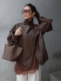 Hustler Vice Vegan Leather Funnel Neck Bomber Jacket - chocolate