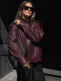 Hustler Vice Vegan Leather Funnel Neck Bomber Jacket - burgundy