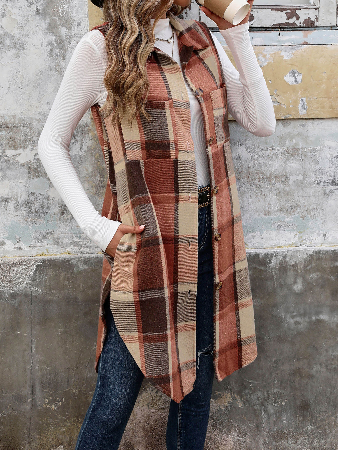 Mendocino Plaid Vest Coat - Coffee