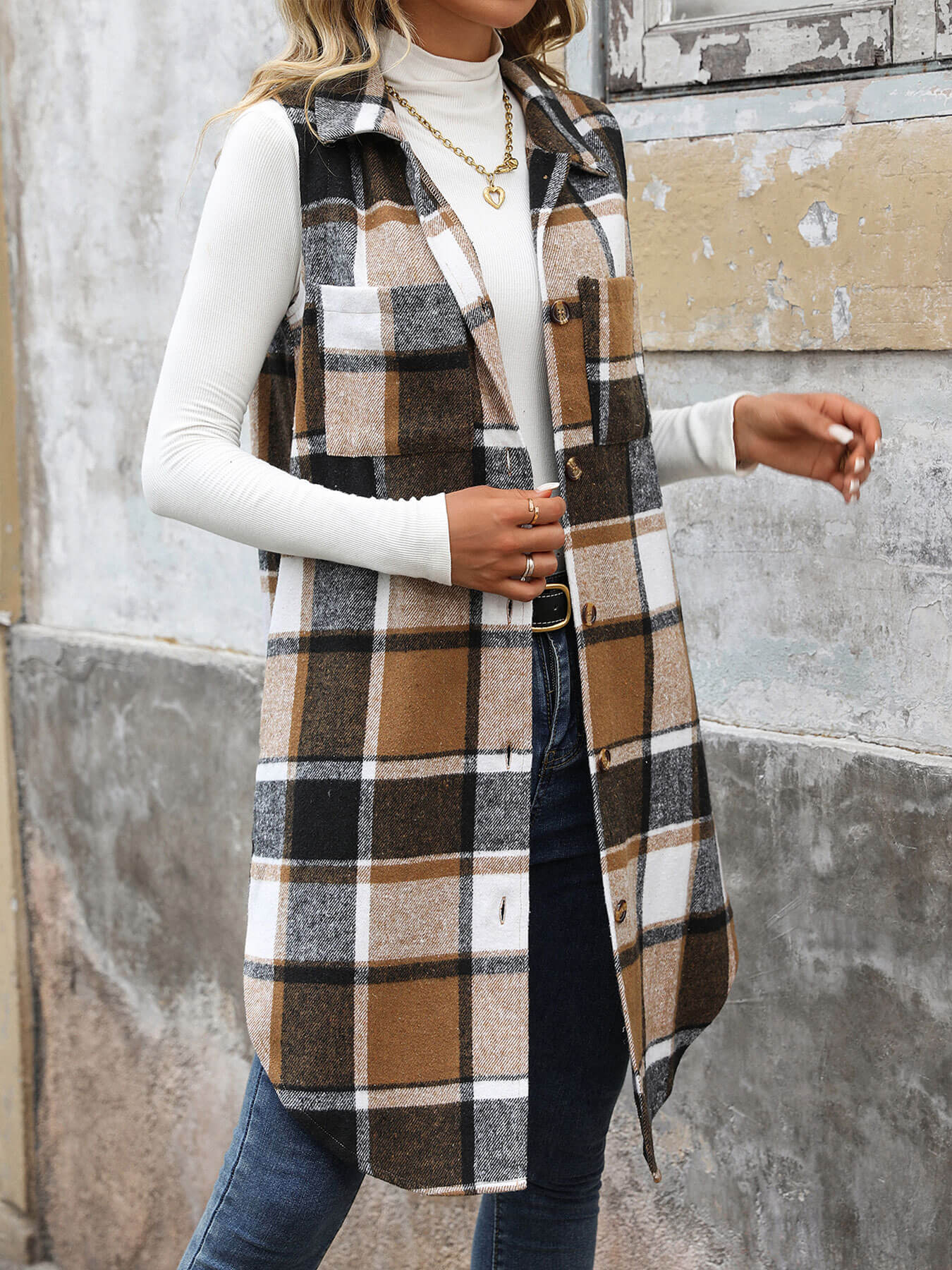 Mendocino Plaid Vest Coat - Khaki