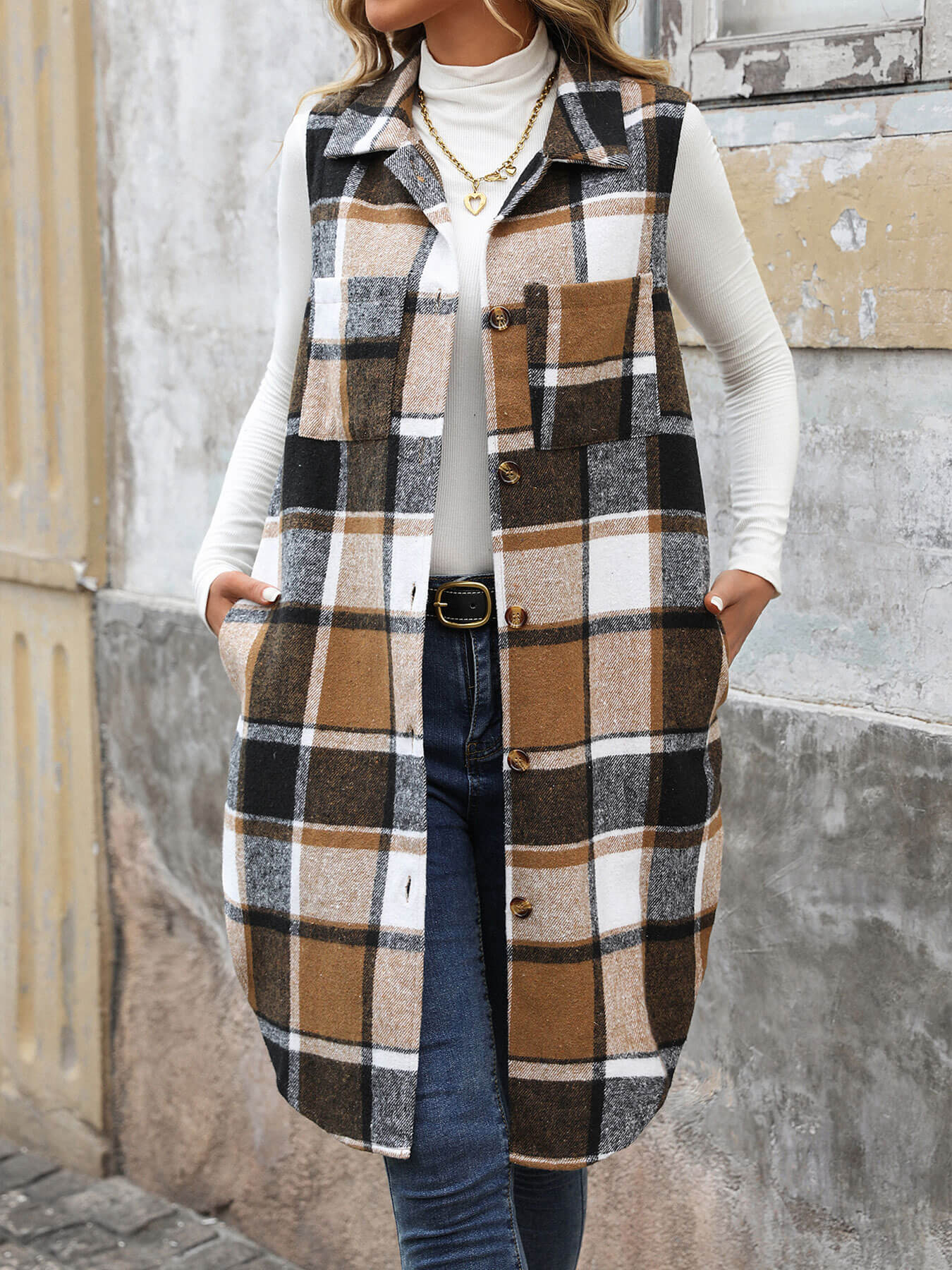 Mendocino Plaid Vest Coat - Khaki