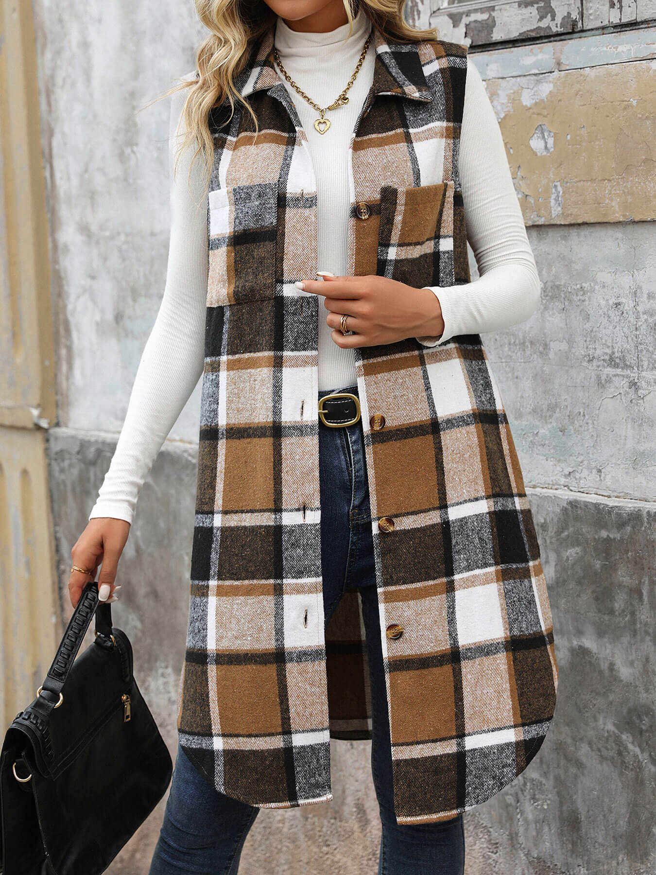 Mendocino Plaid Vest Coat - Khaki