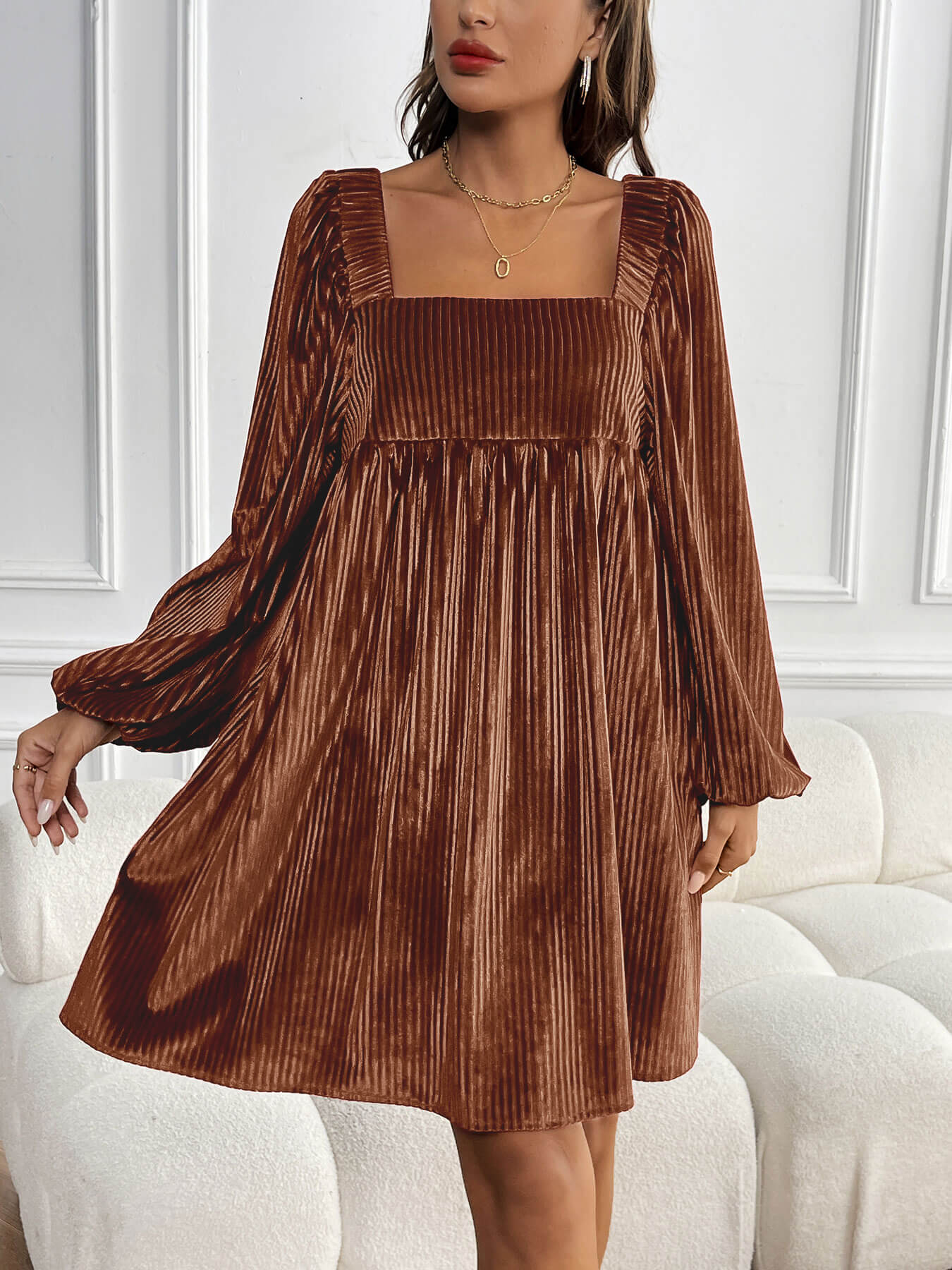 Adrenia Pleated Velvet Midi Dress - brown