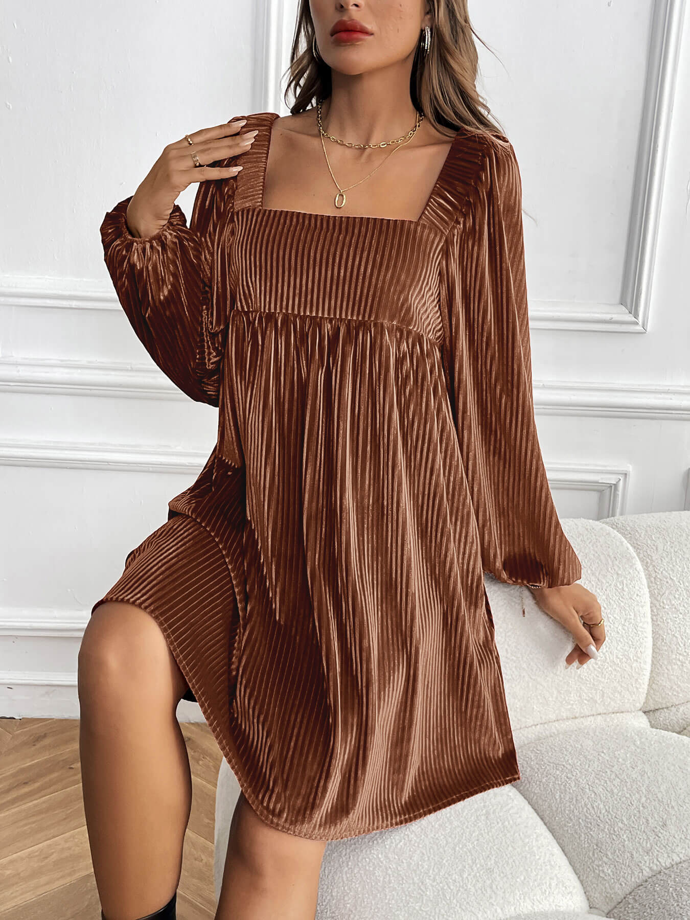 Adrenia Pleated Velvet Midi Dress - brown
