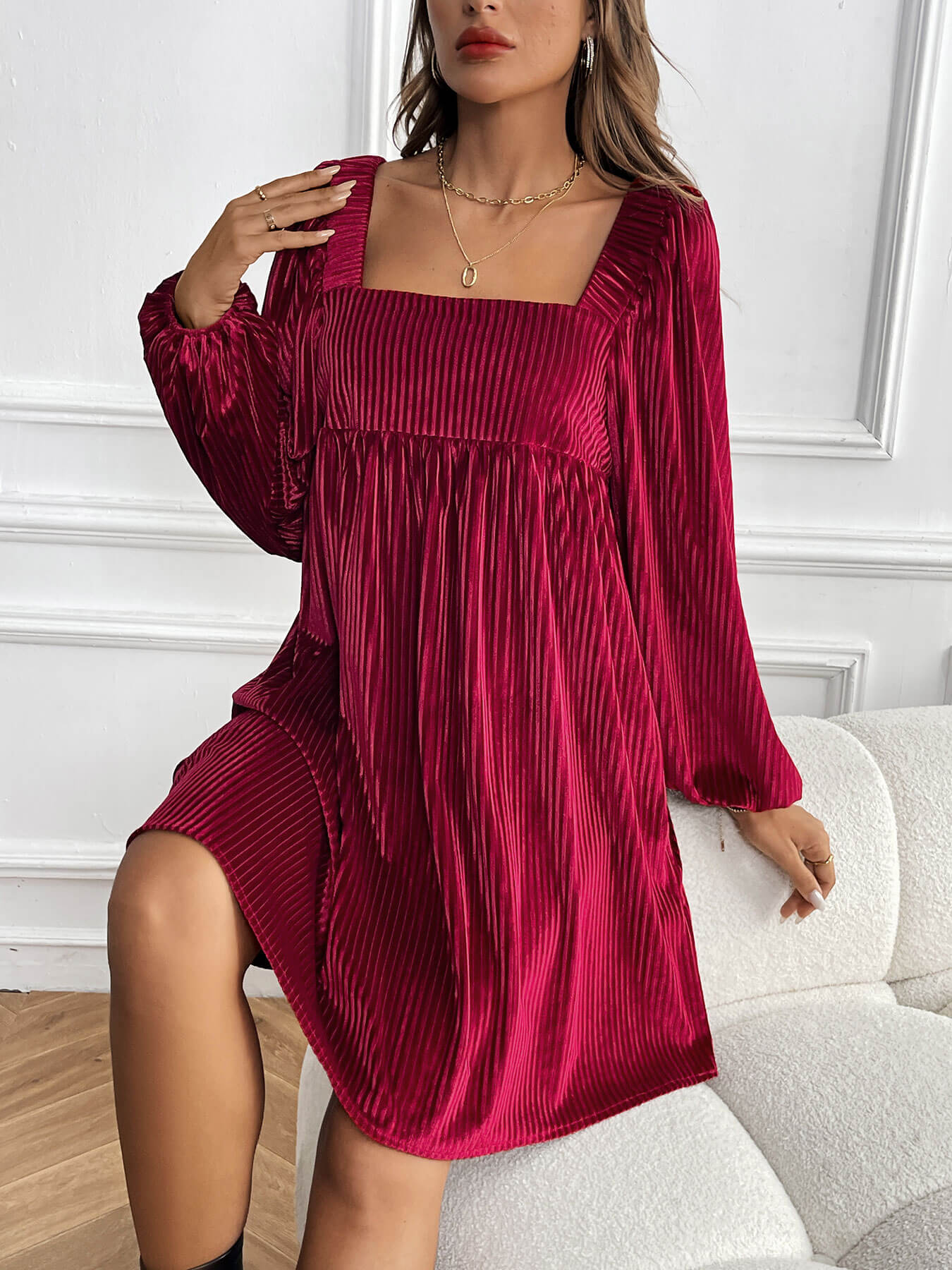 Winny Corduroy Babydoll Mini Dress - maroon