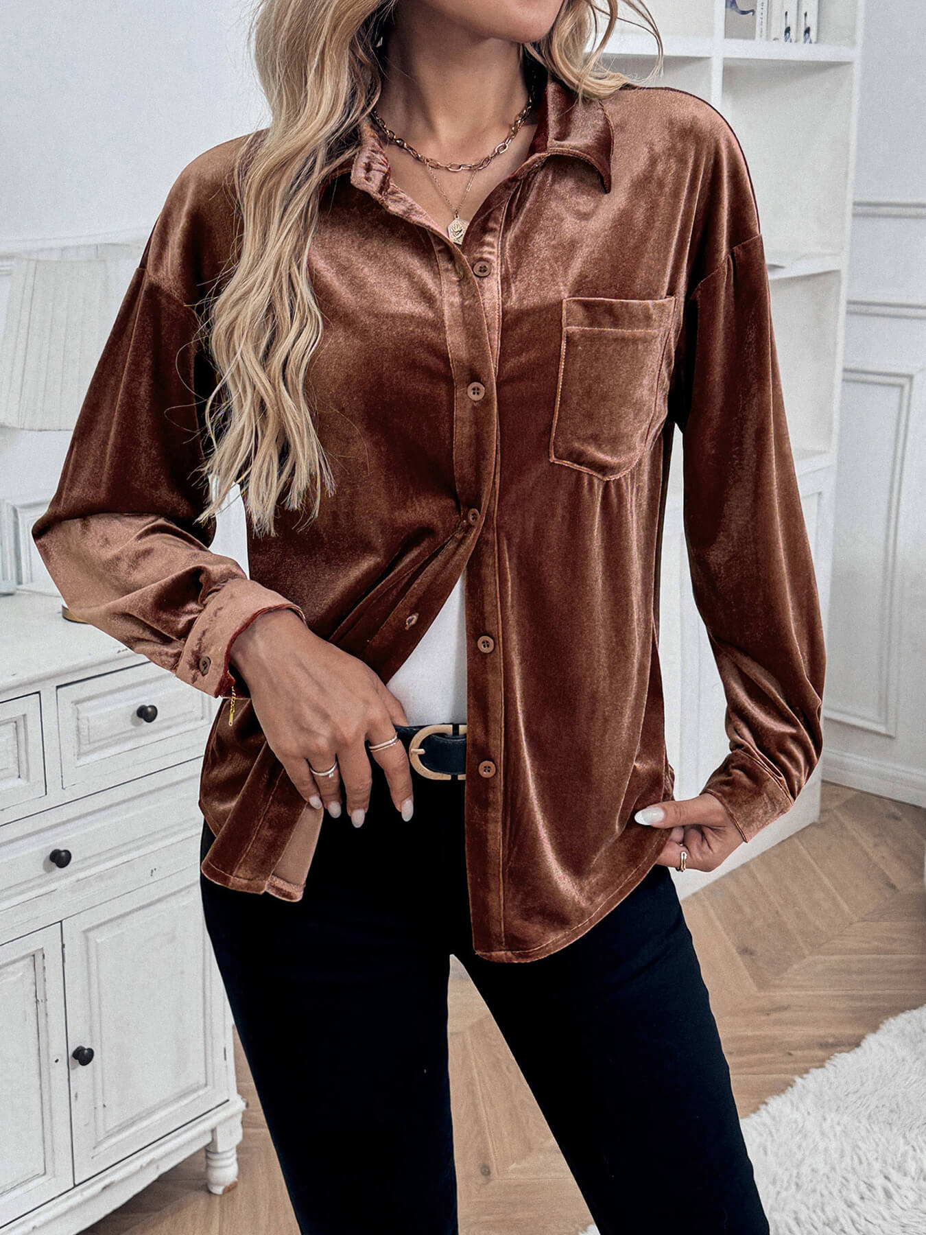 Darlena Velvet Shirts - Brown