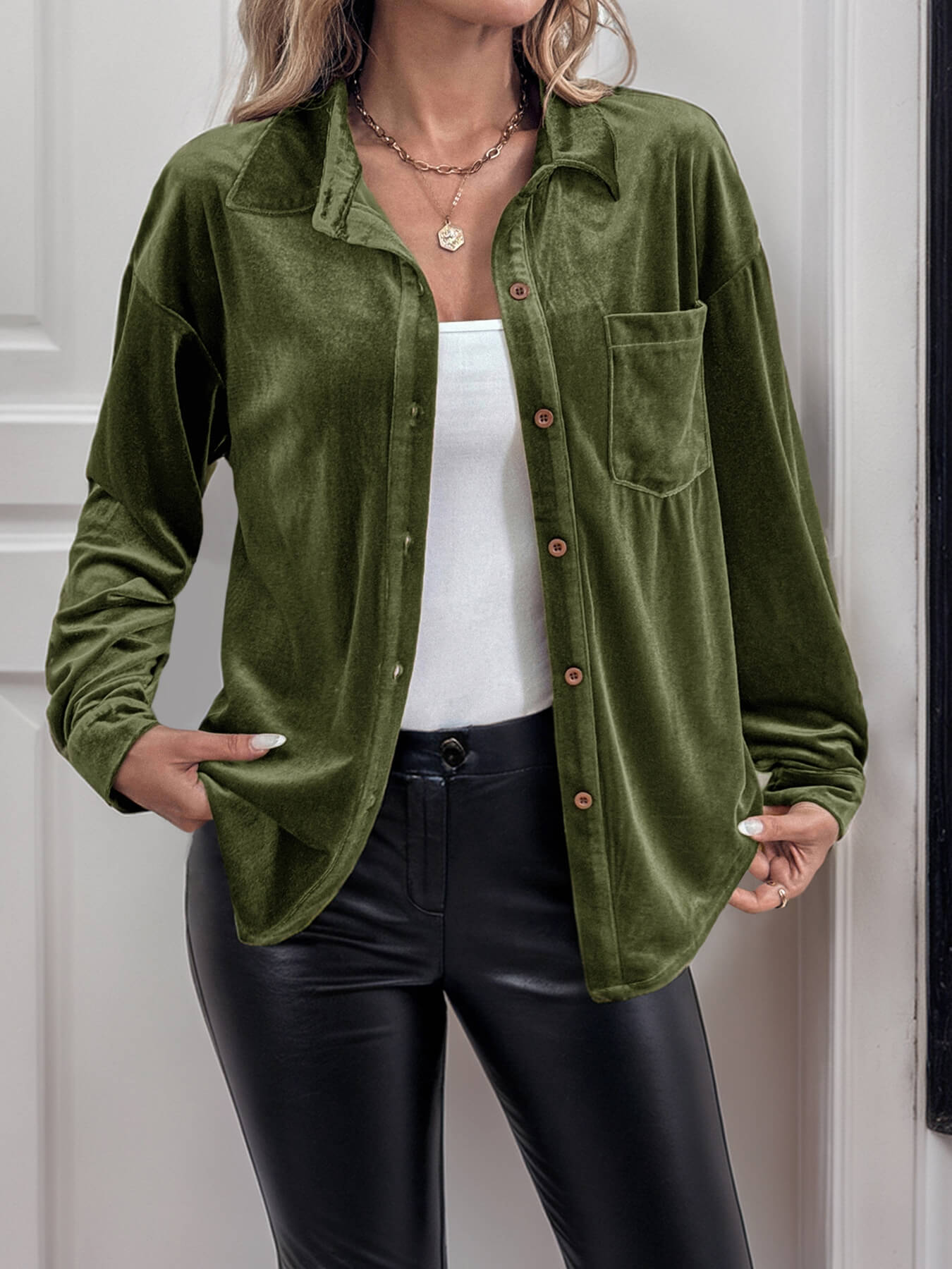 Darlena Velvet Shirts - Olive