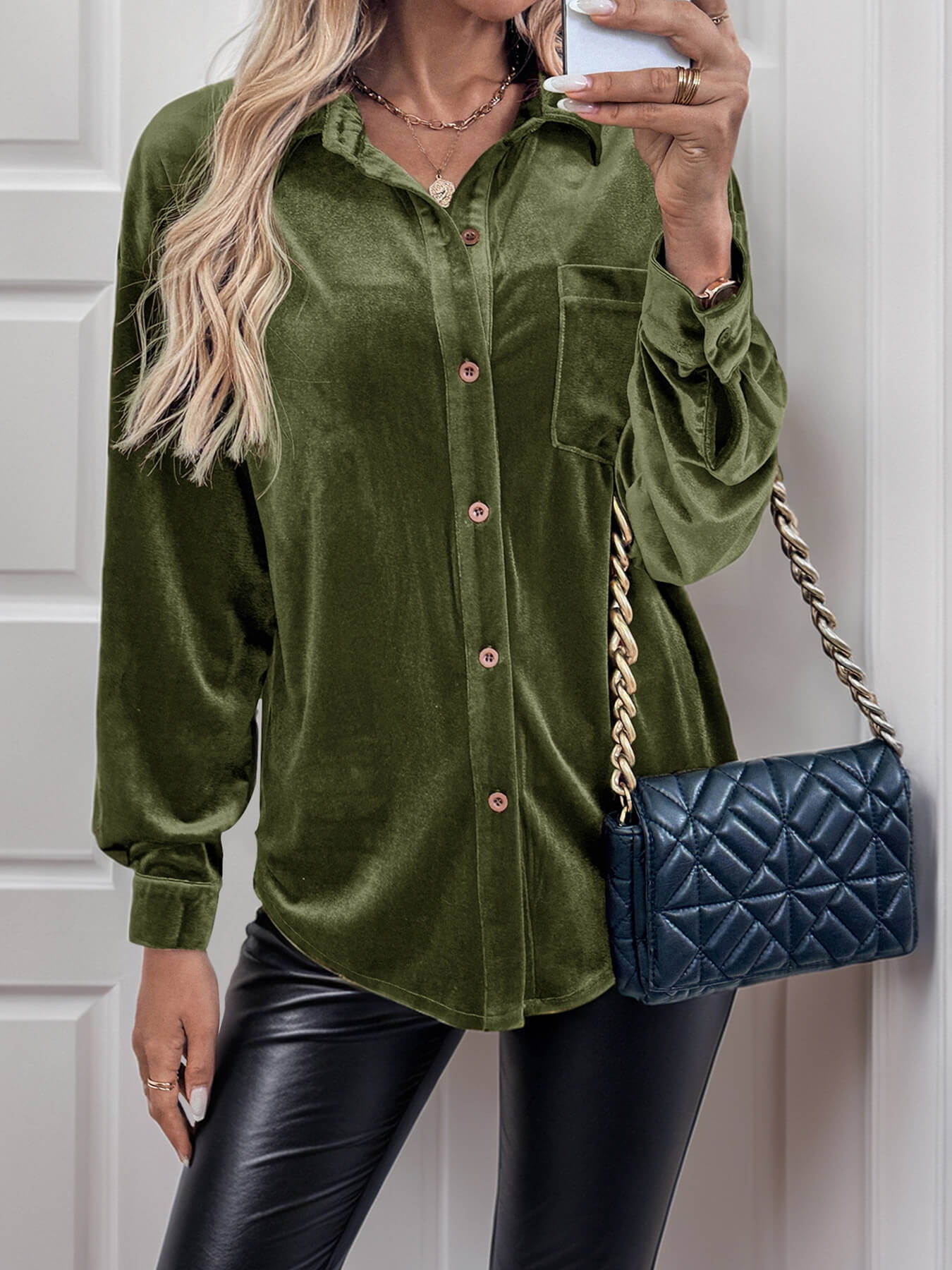 Darlena Velvet Shirts - Olive