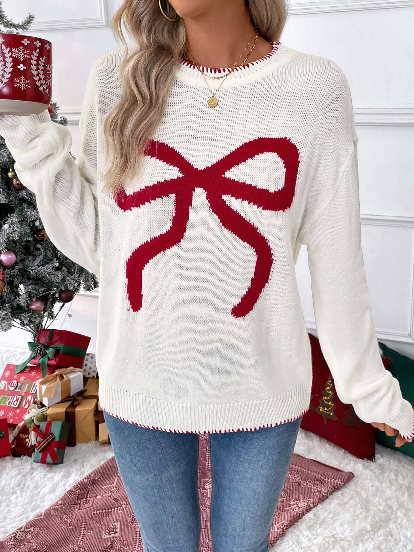 Sleigh Girl Gift Bow Graphic Sweater - white