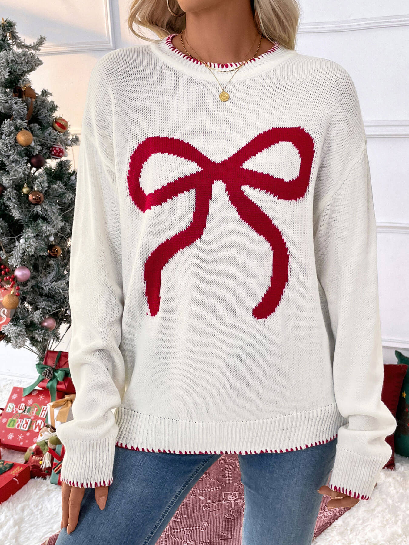 Sleigh Girl Gift Bow Graphic Sweater - white